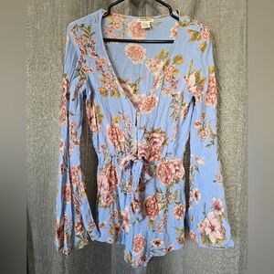 Billabong Sitting Pretty Romper Blue Floral Size L Flare Sleeves V Neck Boho